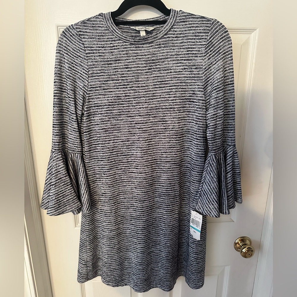 NWT Speechless Heathered Navy Striped Knit Dress with Bell Sleeves size Small